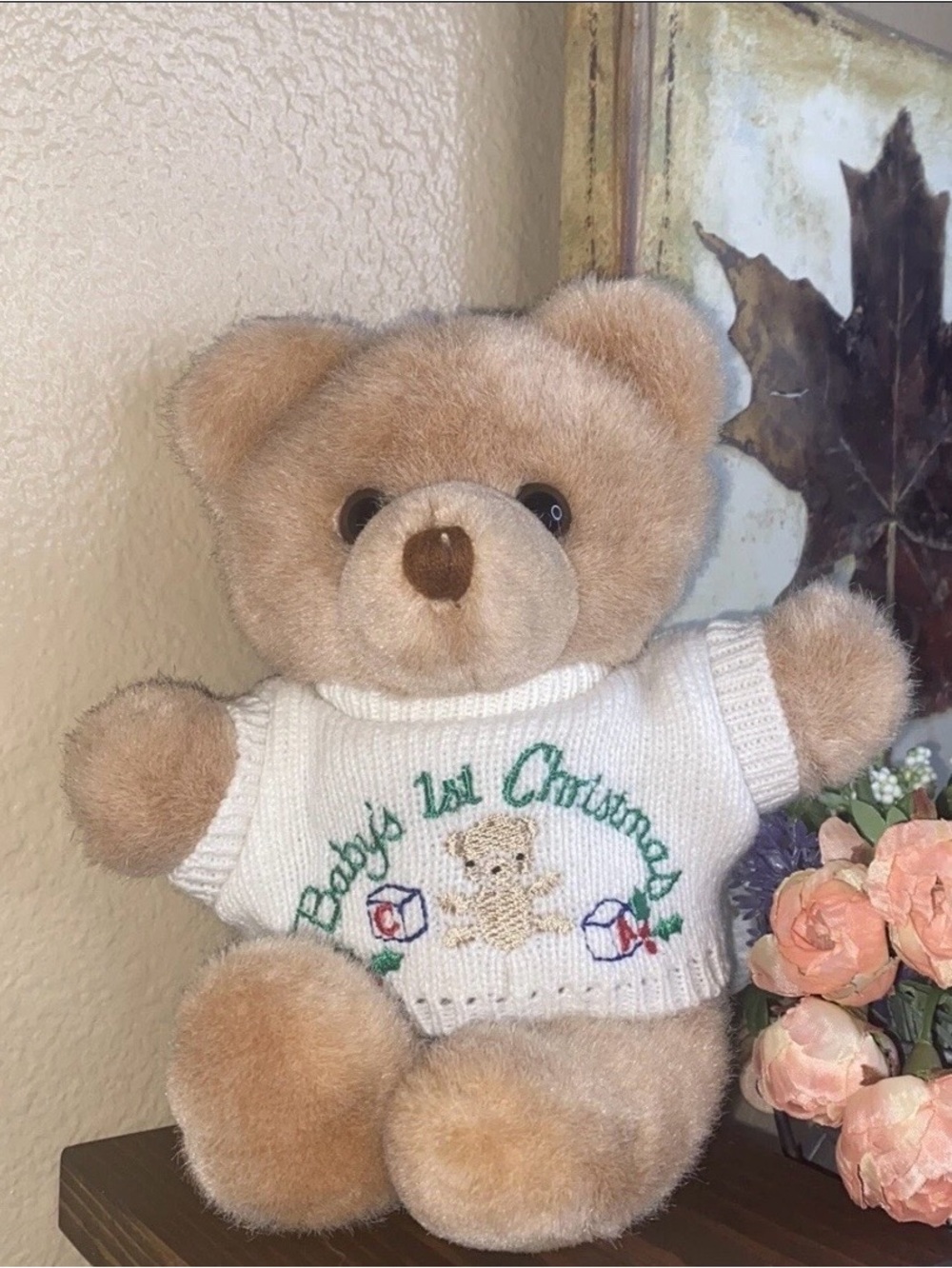 Vintage Baby’ First Christmas Light Brown Stuff Plush Bear Toy - 1993